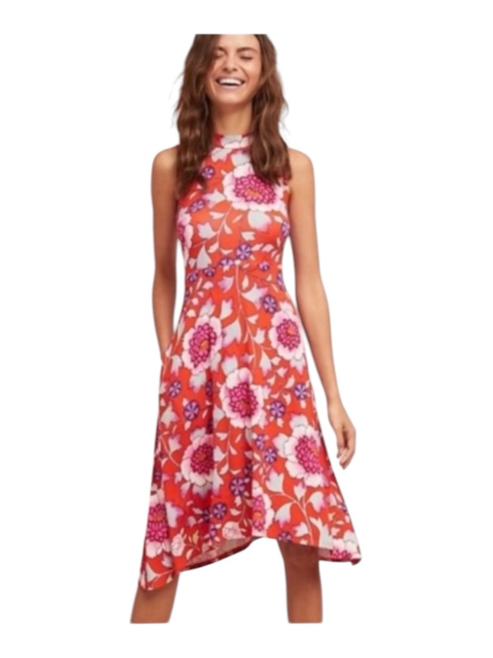 Maeve By Anthropologie Midi Dres Floral Mock Neck Orange Pink- Large